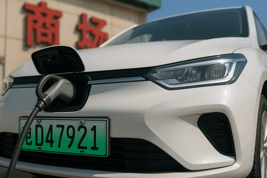 in China bedeutet ein Nummernschild wie dieses steuerliche Vorteile, freie Fahrt und strategische Industriepolitik. In Deutschland ist das E oft nur ein Aufkleber. (Bild: KI)