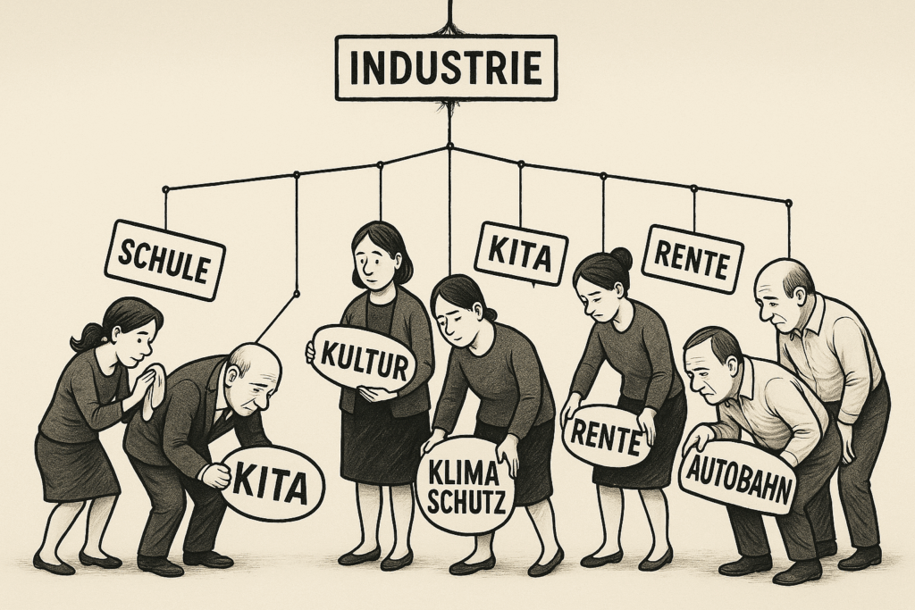 In der politischen Debatte wird häufig über das Gleichgewicht der Gesellschaft gesprochen. Selten jedoch über den Haken, an dem es hängt. (Bild: KI)