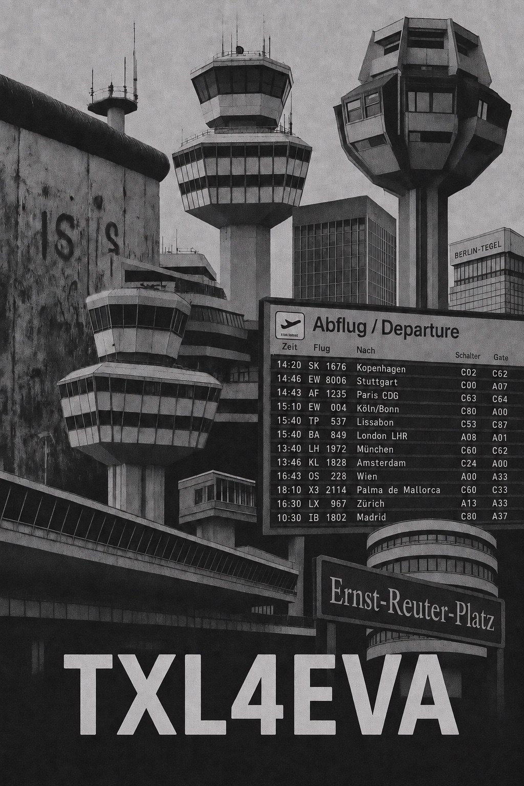 Collage des Flughafens Berlin-Tegel mit Tower, Abflugtafel und Ernst-Reuter-Platz
